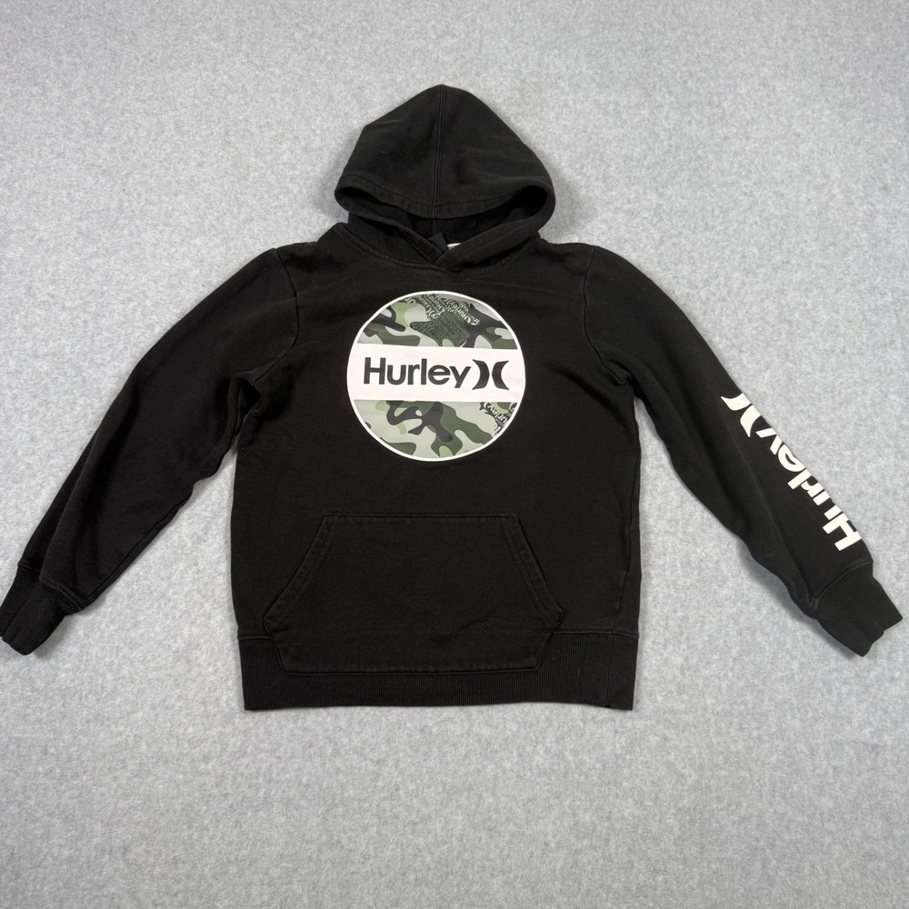 Hurley Boys Black Camo Logo Pullover Hoodie Sweatshirt Size M 10-12 Skater